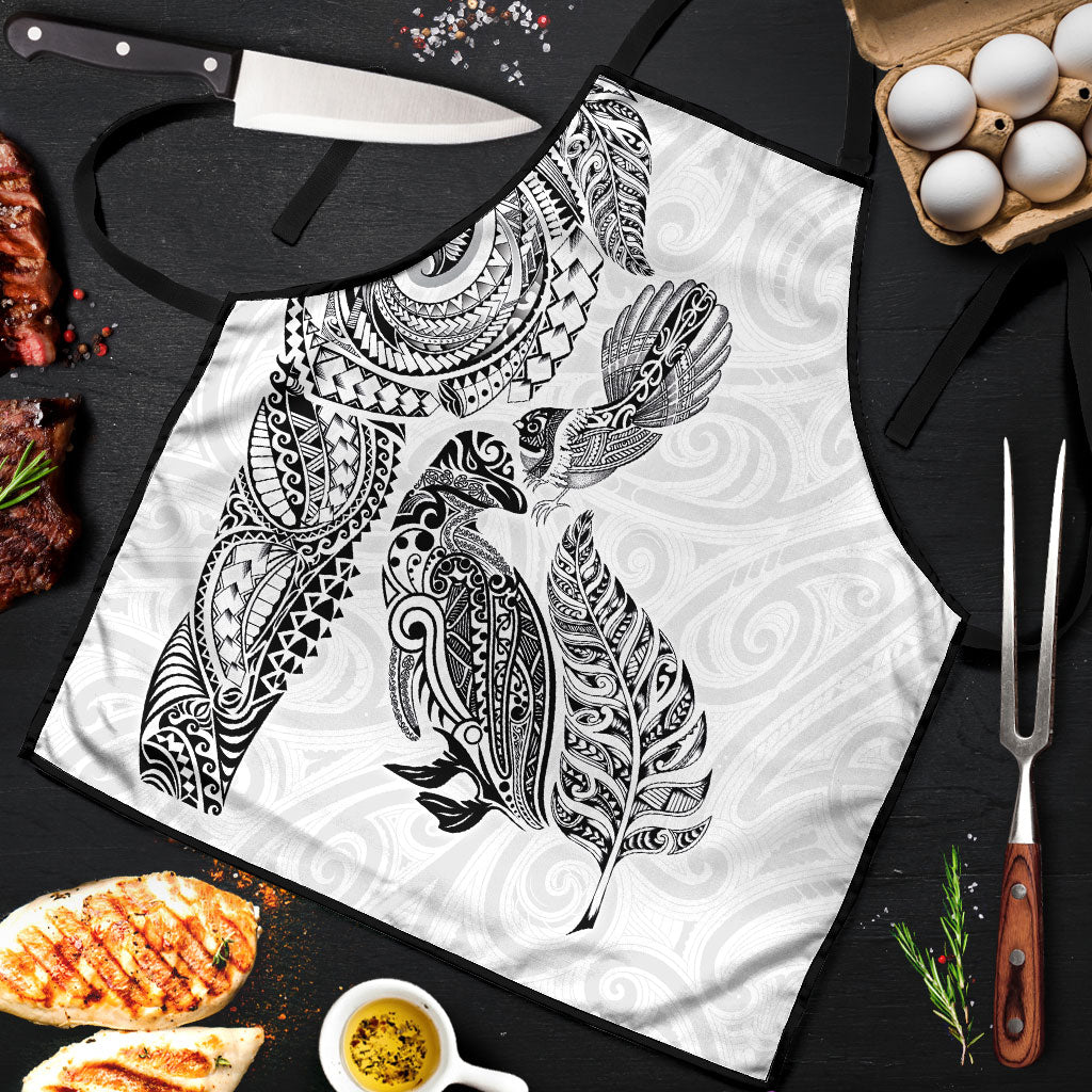 Aotearoa Moko Tribal Tattoo Apron New Zealand Maori Penguin and Fantail White Color