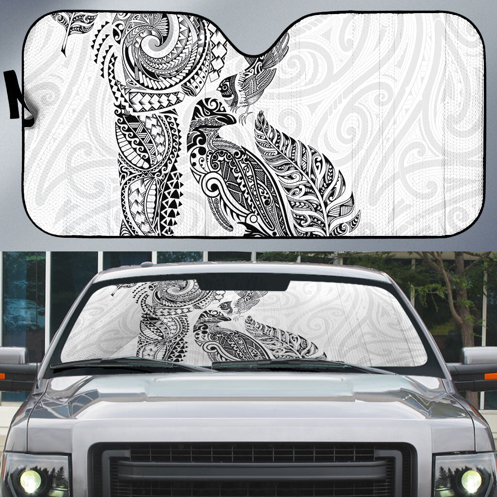 Aotearoa Moko Tribal Tattoo Auto Sun Shade New Zealand Maori Penguin and Fantail White Color LT03 White - Polynesian Pride