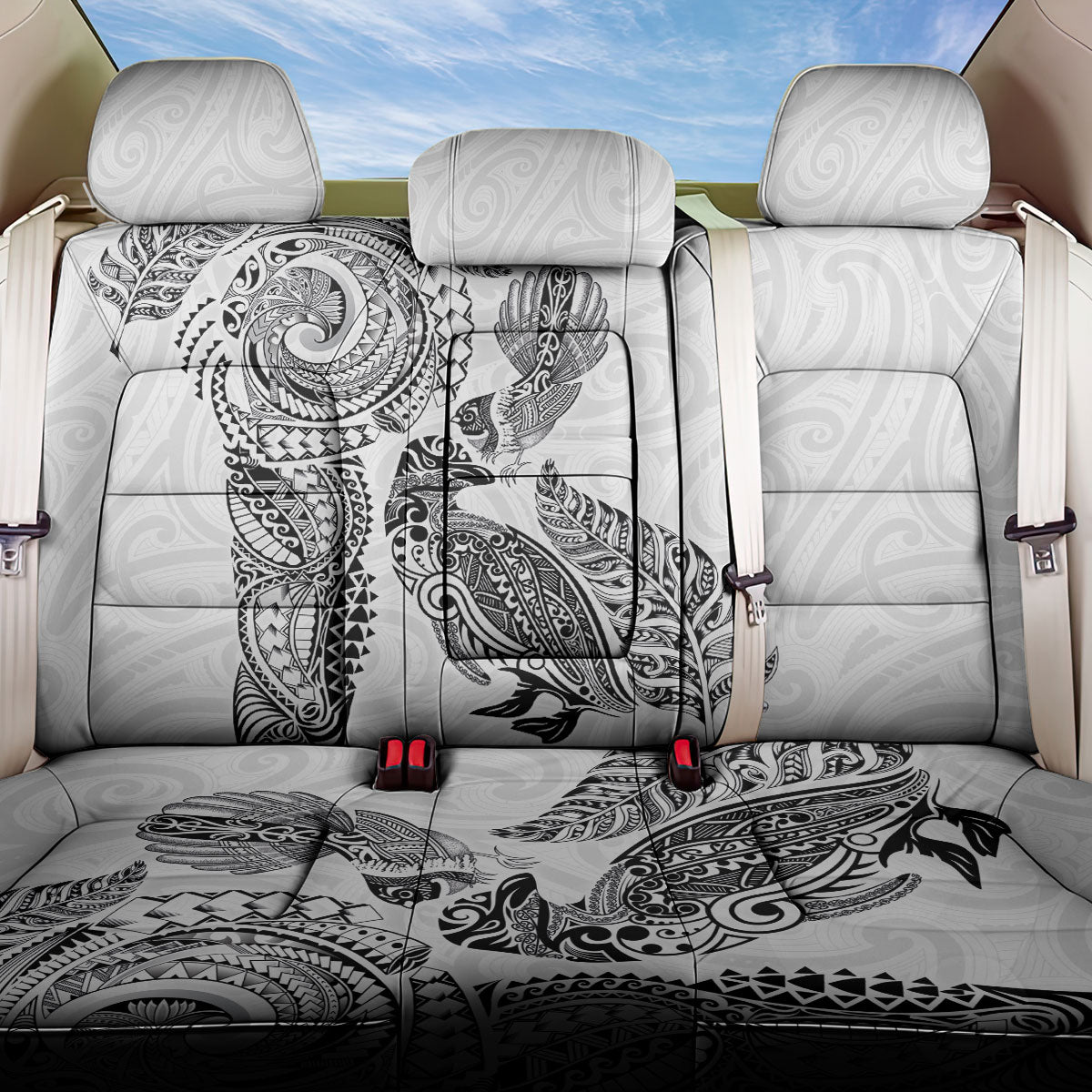 Aotearoa Moko Tribal Tattoo Back Car Seat Cover New Zealand Maori Penguin and Fantail White Color