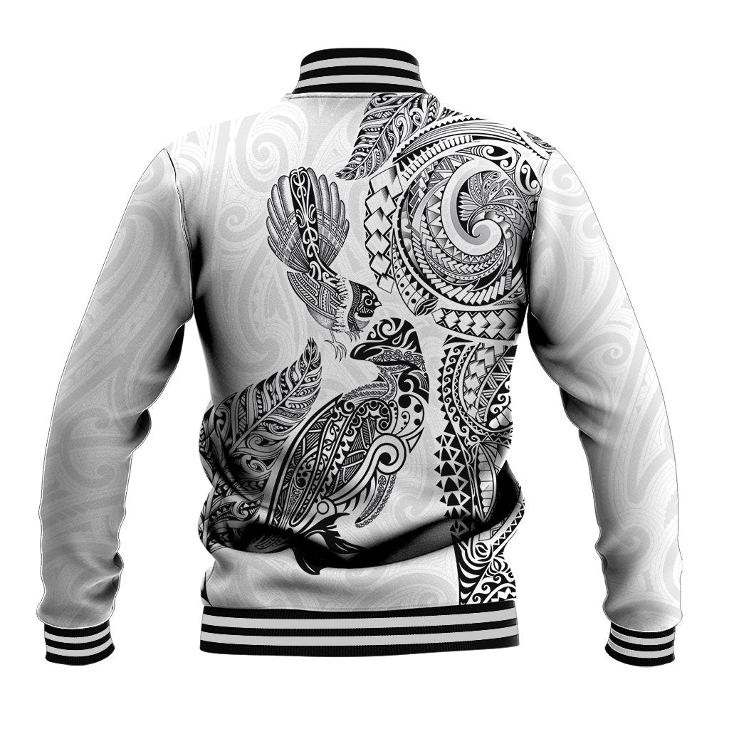 Aotearoa Moko Tribal Tattoo Baseball Jacket New Zealand Maori Penguin and Fantail White Color
