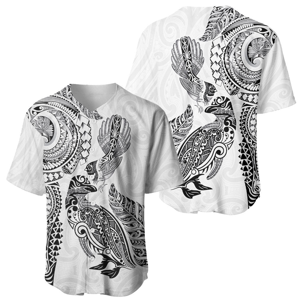Aotearoa Moko Tribal Tattoo Baseball Jersey New Zealand Maori Penguin and Fantail White Color LT03 - Polynesian Pride