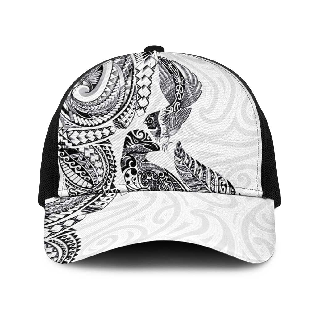 Aotearoa Moko Tribal Tattoo Baseball Net Cap New Zealand Maori Penguin and Fantail White Color