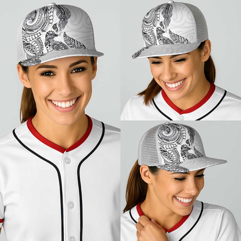 Aotearoa Moko Tribal Tattoo Baseball Net Cap New Zealand Maori Penguin and Fantail White Color