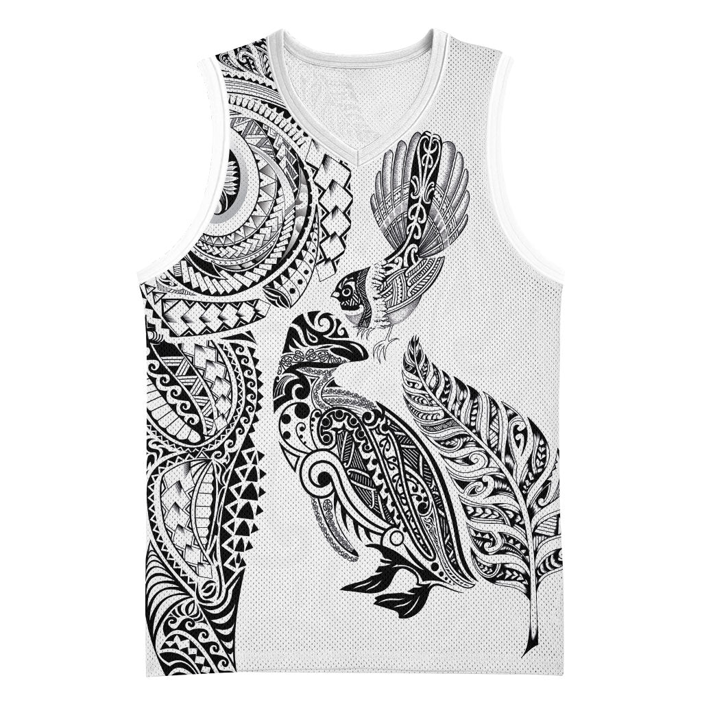 Aotearoa Moko Tribal Tattoo Basketball Jersey New Zealand Maori Penguin and Fantail White Color LT03 Unisex White - Polynesian Pride