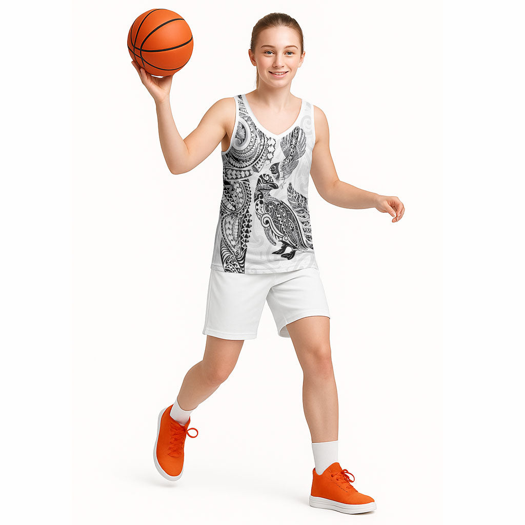 Aotearoa Moko Tribal Tattoo Basketball Jersey New Zealand Maori Penguin and Fantail White Color LT03 - Polynesian Pride