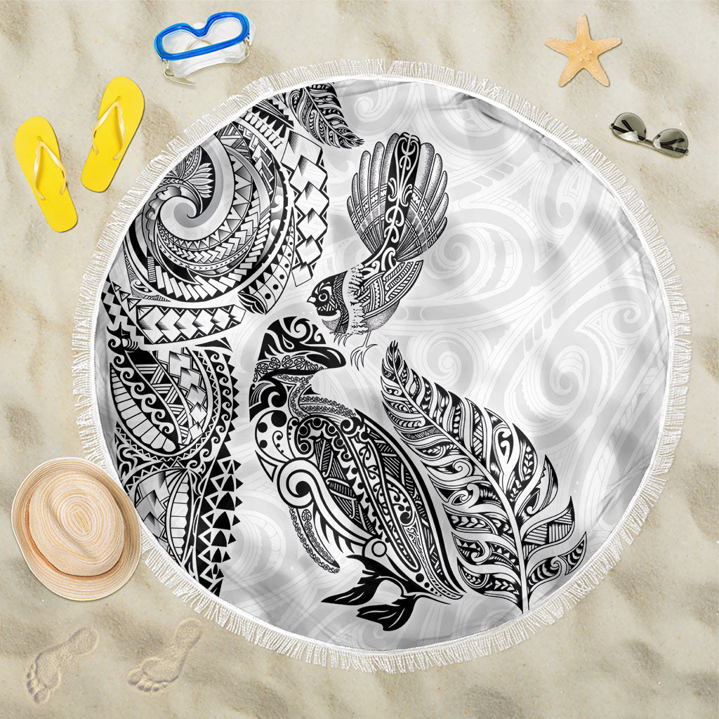 Aotearoa Moko Tribal Tattoo Beach Blanket New Zealand Maori Penguin and Fantail White Color