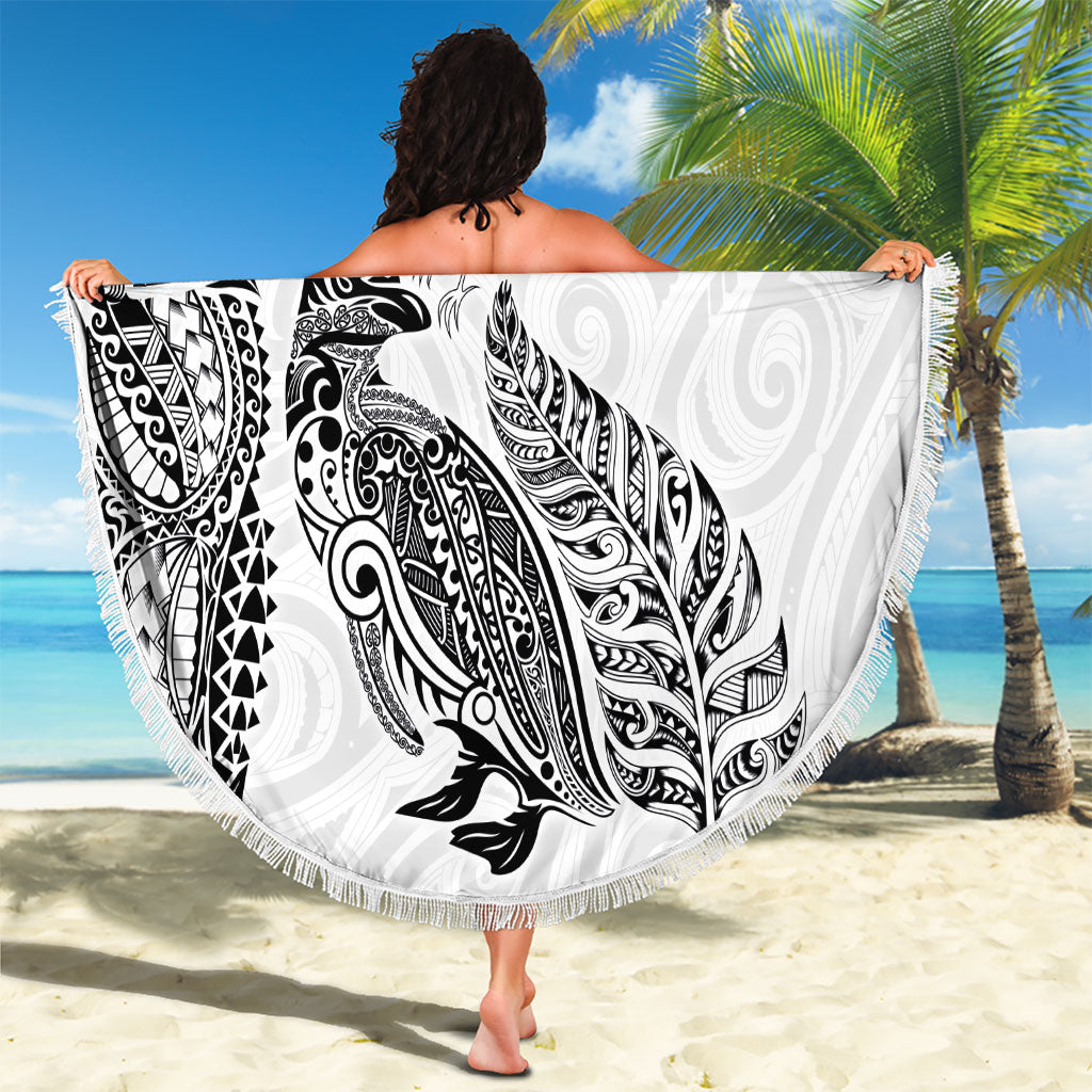 Aotearoa Moko Tribal Tattoo Beach Blanket New Zealand Maori Penguin and Fantail White Color