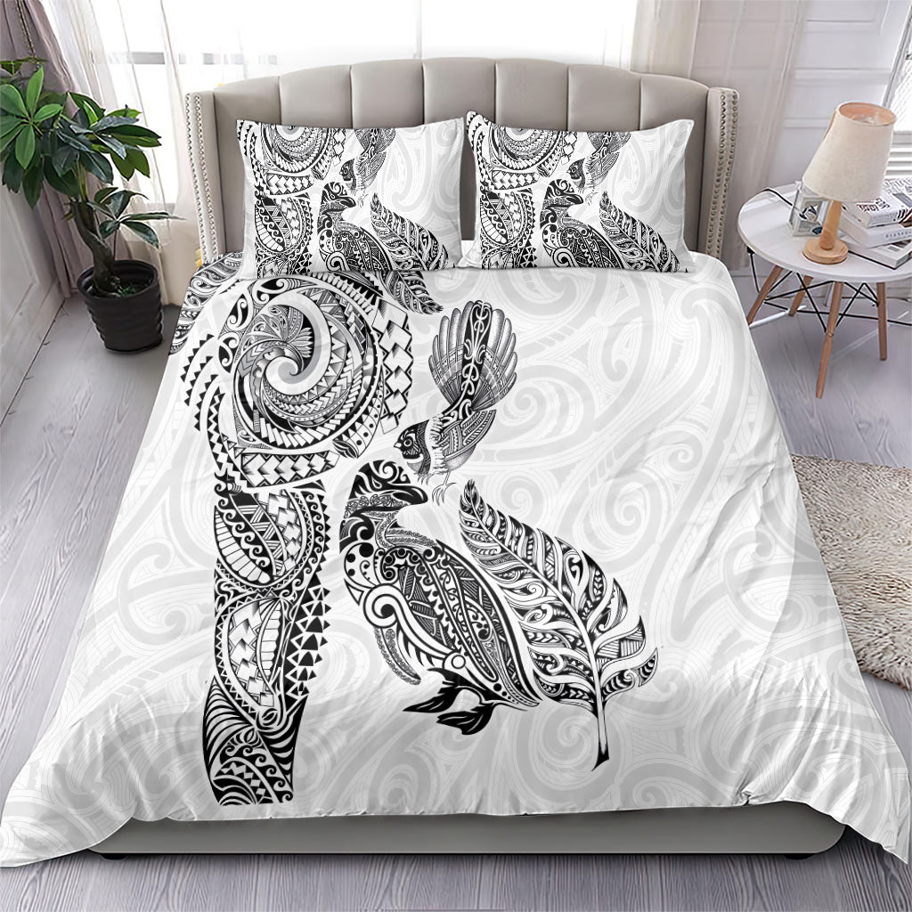 Aotearoa Moko Tribal Tattoo Bedding Set New Zealand Maori Penguin and Fantail White Color