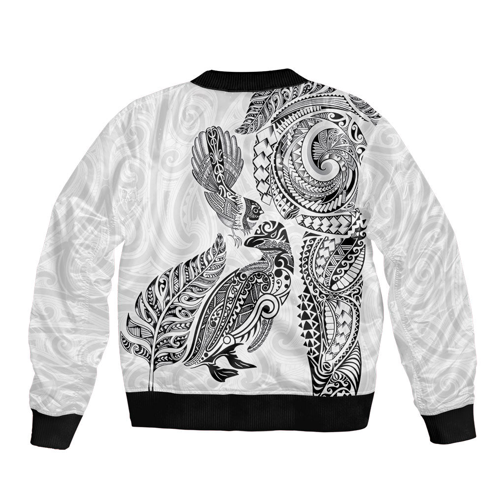 Aotearoa Moko Tribal Tattoo Bomber Jacket New Zealand Maori Penguin and Fantail White Color