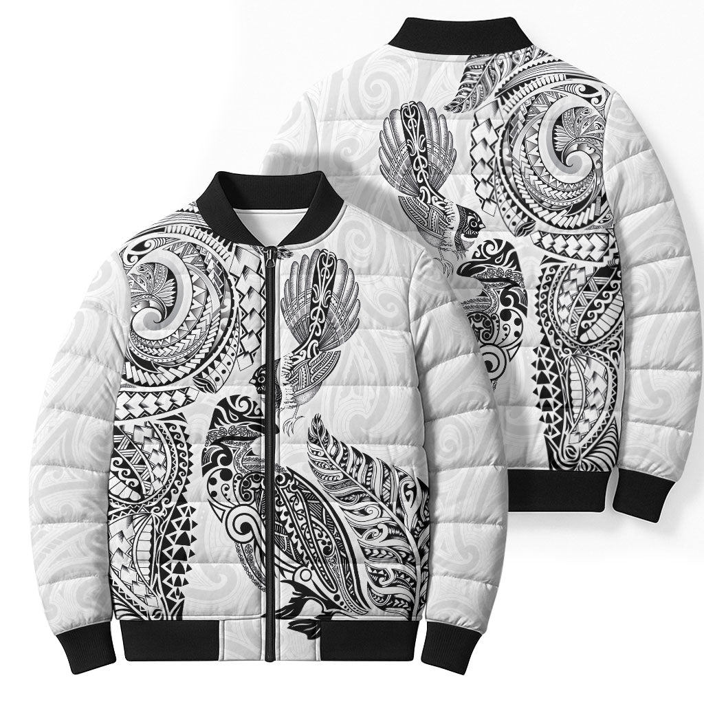 Aotearoa Moko Tribal Tattoo Bomber Puffer Jacket New Zealand Maori Penguin and Fantail White Color