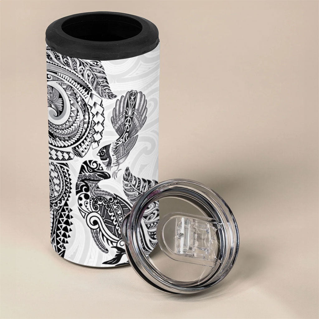 Aotearoa Moko Tribal Tattoo 4 in 1 Can Cooler Tumbler New Zealand Maori Penguin and Fantail White Color LT03 - Polynesian Pride
