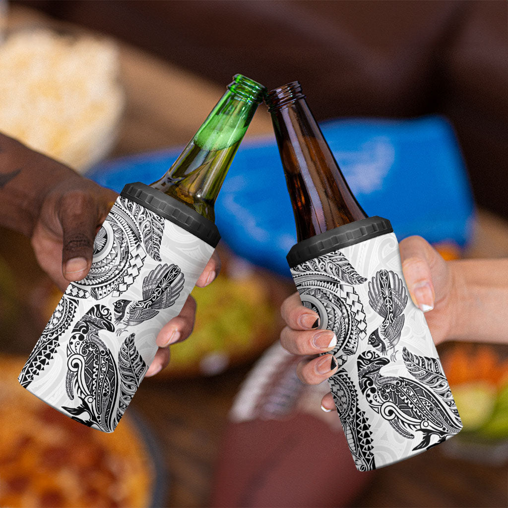 Aotearoa Moko Tribal Tattoo 4 in 1 Can Cooler Tumbler New Zealand Maori Penguin and Fantail White Color LT03 - Polynesian Pride