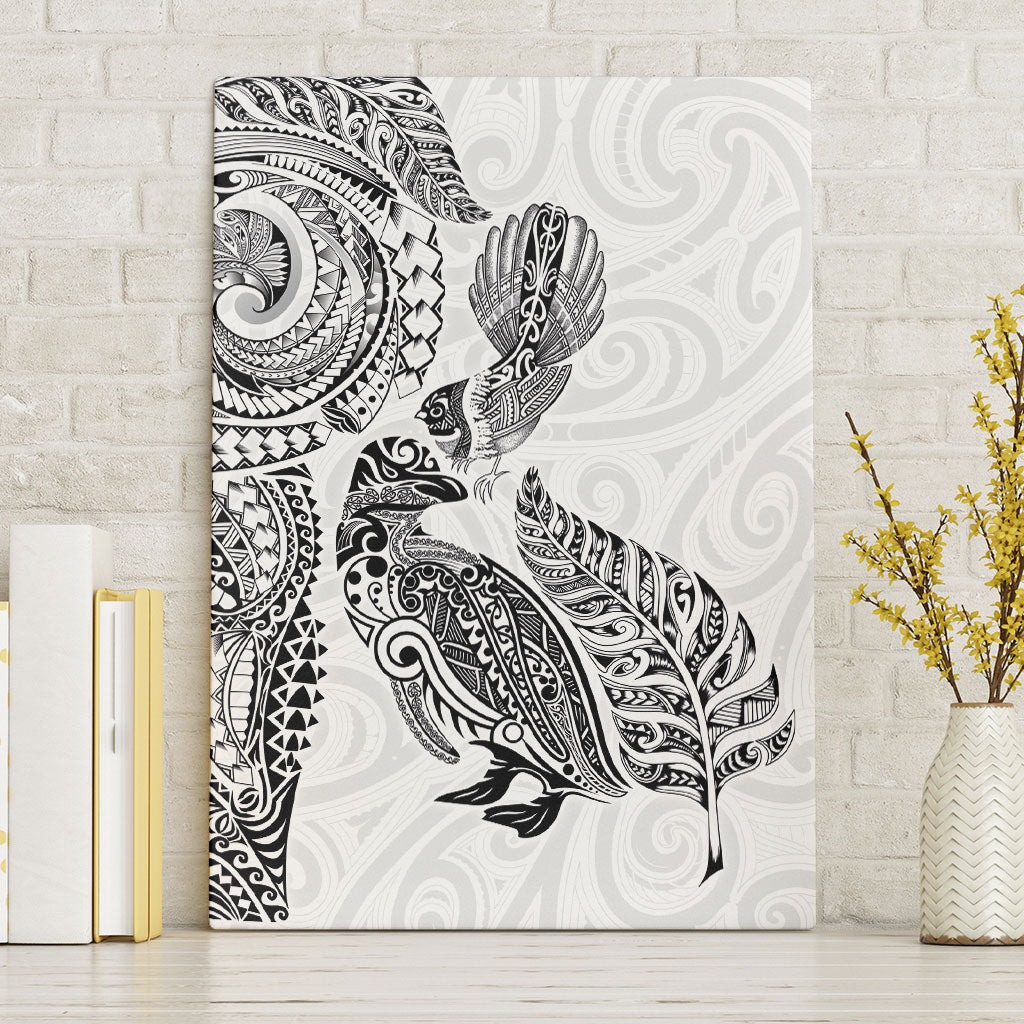 Aotearoa Moko Tribal Tattoo Canvas Wall Art New Zealand Maori Penguin and Fantail White Color