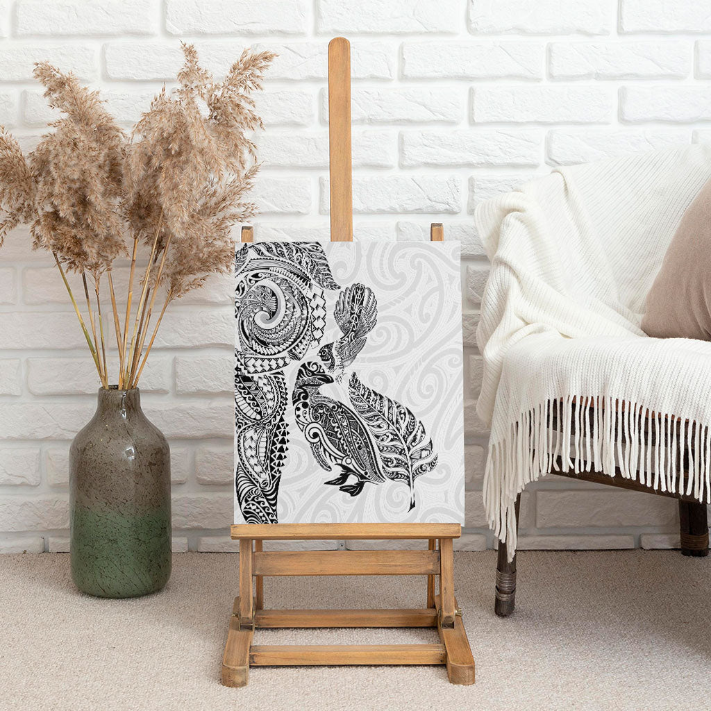 Aotearoa Moko Tribal Tattoo Canvas Wall Art New Zealand Maori Penguin and Fantail White Color