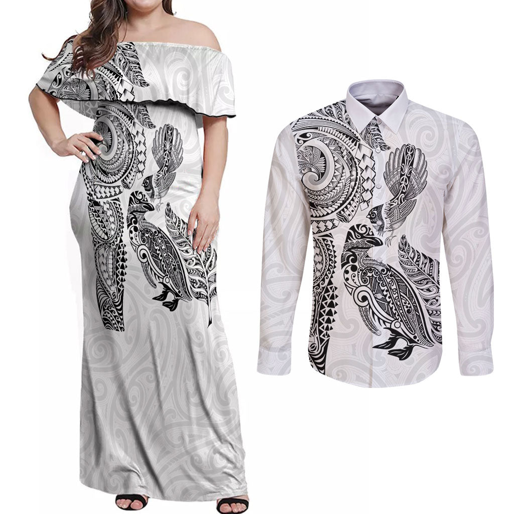 Aotearoa Moko Tribal Tattoo Couples Matching Off Shoulder Maxi Dress and Long Sleeve Button Shirt New Zealand Maori Penguin and Fantail White Color LT03 White - Polynesian Pride