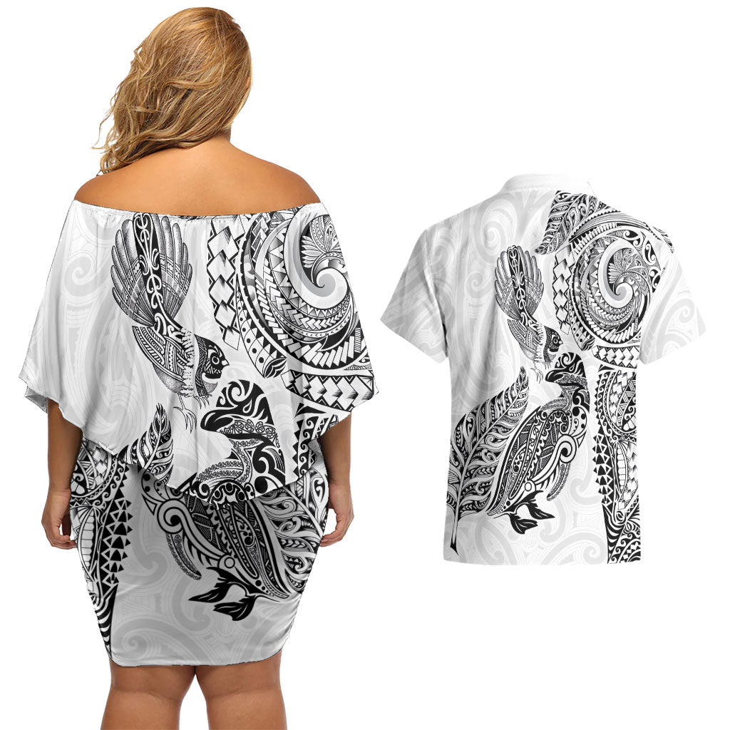 Aotearoa Moko Tribal Tattoo Couples Matching Off Shoulder Short Dress and Hawaiian Shirt New Zealand Maori Penguin and Fantail White Color LT03 - Polynesian Pride