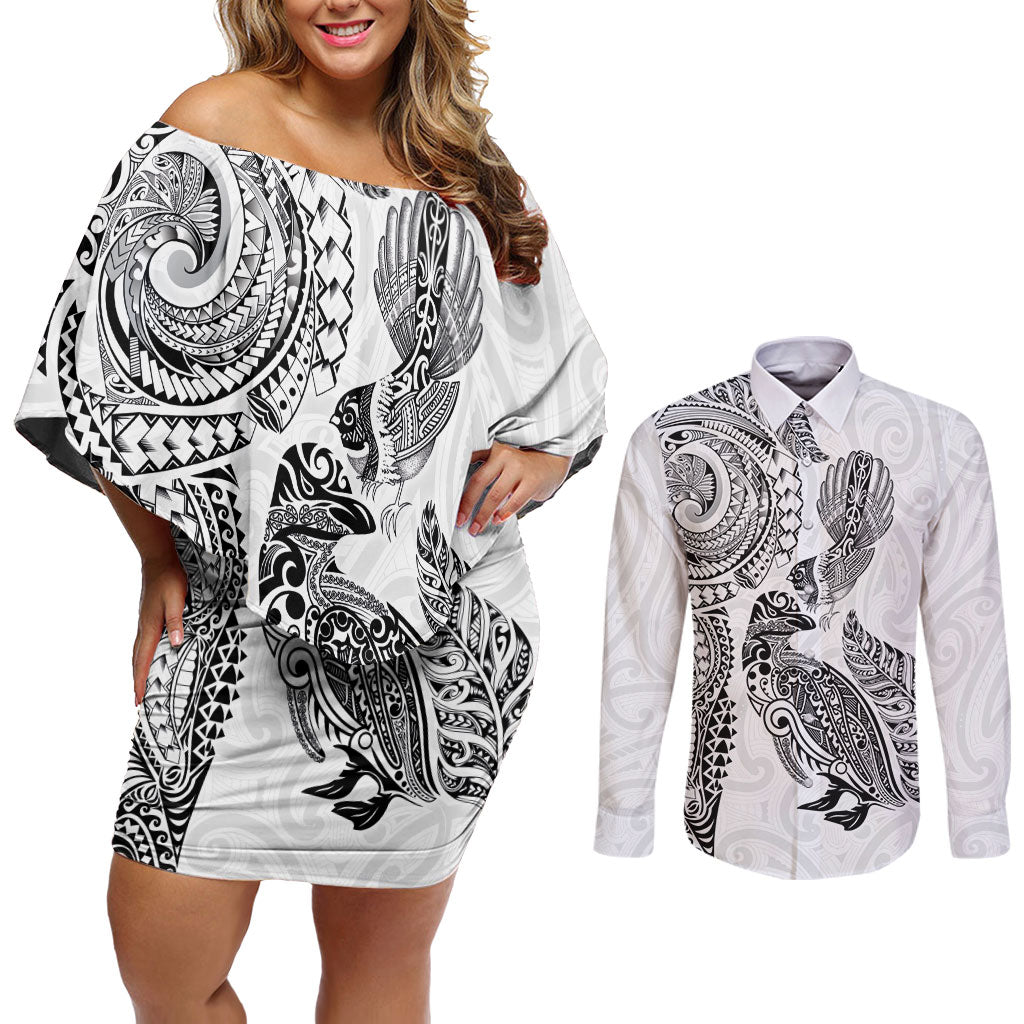 Aotearoa Moko Tribal Tattoo Couples Matching Off Shoulder Short Dress and Long Sleeve Button Shirt New Zealand Maori Penguin and Fantail White Color LT03 White - Polynesian Pride