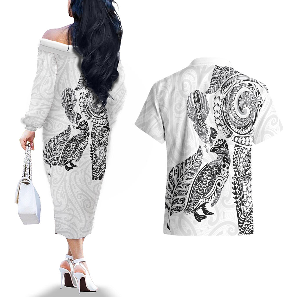Aotearoa Moko Tribal Tattoo Couples Matching Off The Shoulder Long Sleeve Dress and Hawaiian Shirt New Zealand Maori Penguin and Fantail White Color LT03 - Polynesian Pride