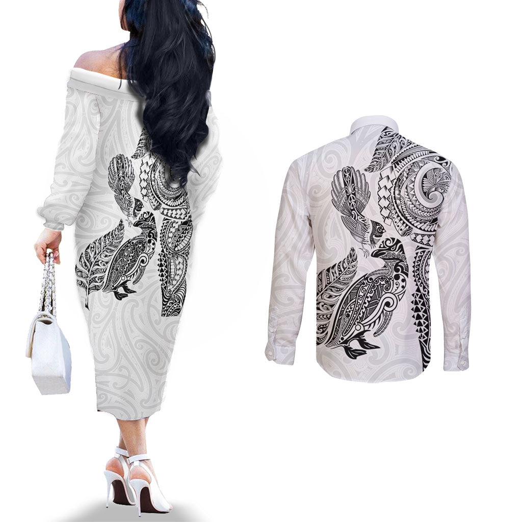 Aotearoa Moko Tribal Tattoo Couples Matching Off The Shoulder Long Sleeve Dress and Long Sleeve Button Shirt New Zealand Maori Penguin and Fantail White Color LT03 - Polynesian Pride
