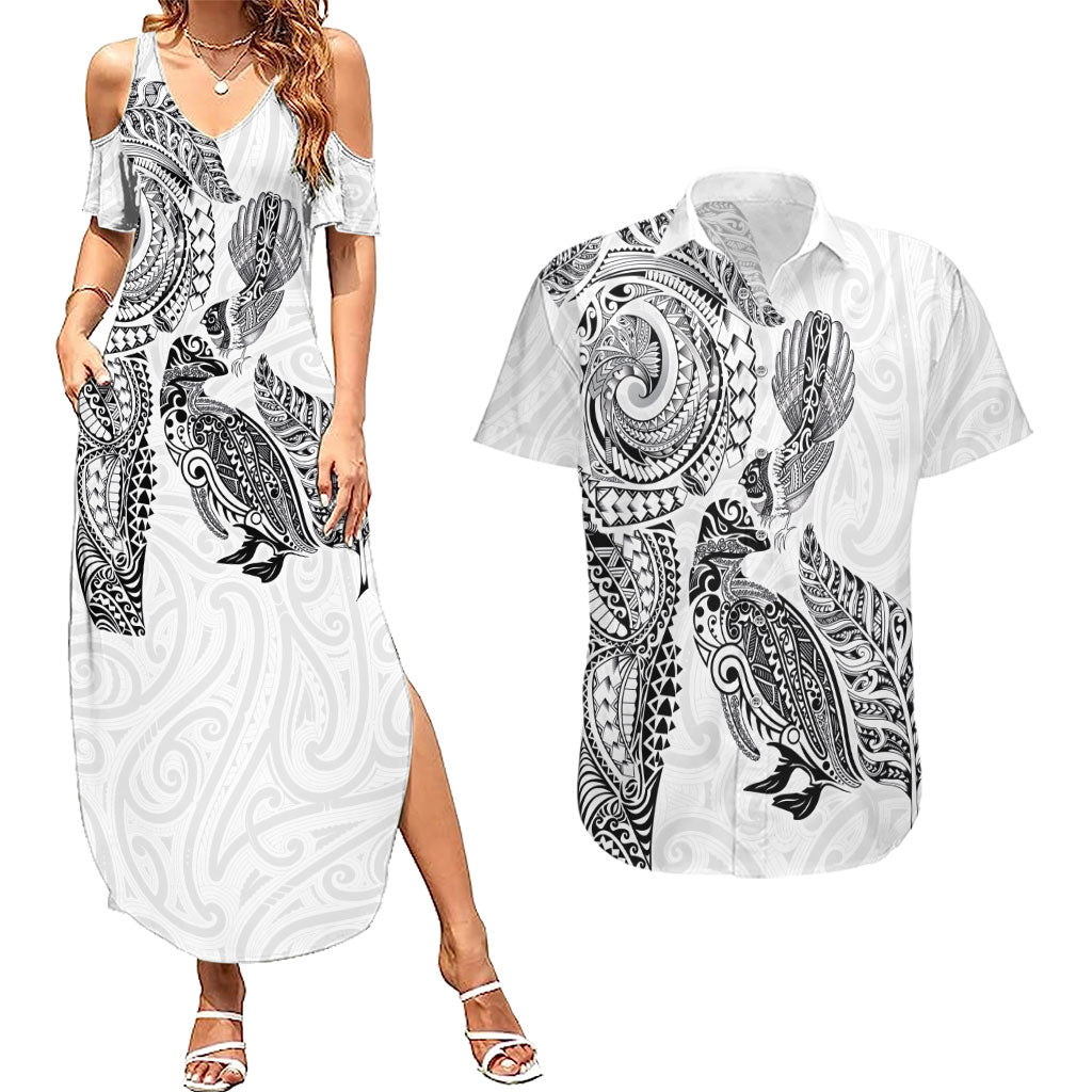 Aotearoa Moko Tribal Tattoo Couples Matching Summer Maxi Dress and Hawaiian Shirt New Zealand Maori Penguin and Fantail White Color LT03 White - Polynesian Pride