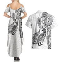 Aotearoa Moko Tribal Tattoo Couples Matching Summer Maxi Dress and Hawaiian Shirt New Zealand Maori Penguin and Fantail White Color LT03 - Polynesian Pride