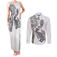 Aotearoa Moko Tribal Tattoo Couples Matching Tank Maxi Dress and Long Sleeve Button Shirt New Zealand Maori Penguin and Fantail White Color LT03 White - Polynesian Pride