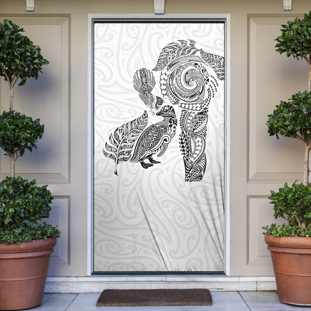 Aotearoa Moko Tribal Tattoo Door Cover New Zealand Maori Penguin and Fantail White Color