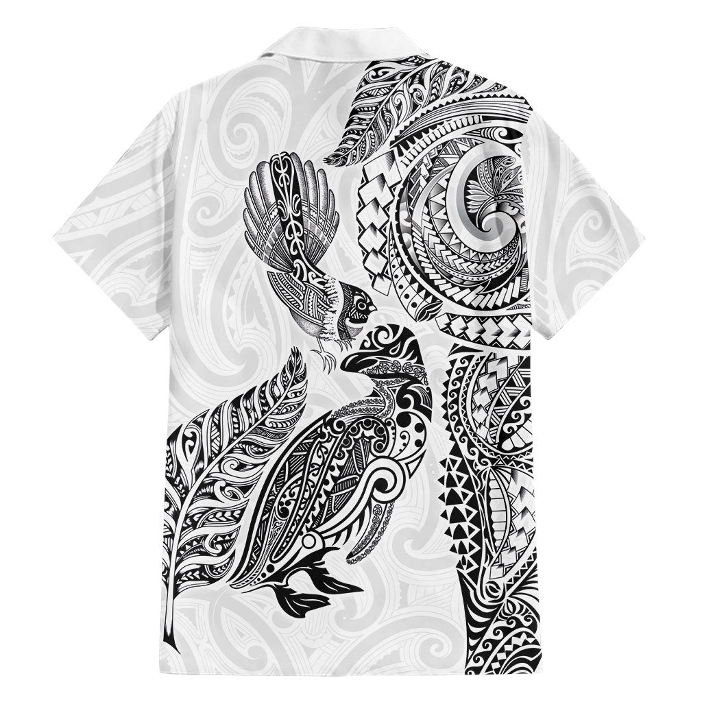 Aotearoa Moko Tribal Tattoo Family Matching Long Sleeve Bodycon Dress and Hawaiian Shirt New Zealand Maori Penguin and Fantail White Color LT03 - Polynesian Pride