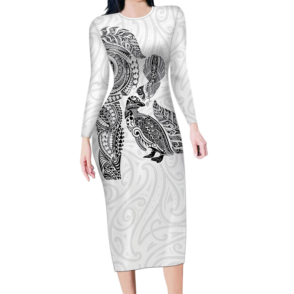 Aotearoa Moko Tribal Tattoo Family Matching Long Sleeve Bodycon Dress and Hawaiian Shirt New Zealand Maori Penguin and Fantail White Color LT03 Mom's Dress White - Polynesian Pride