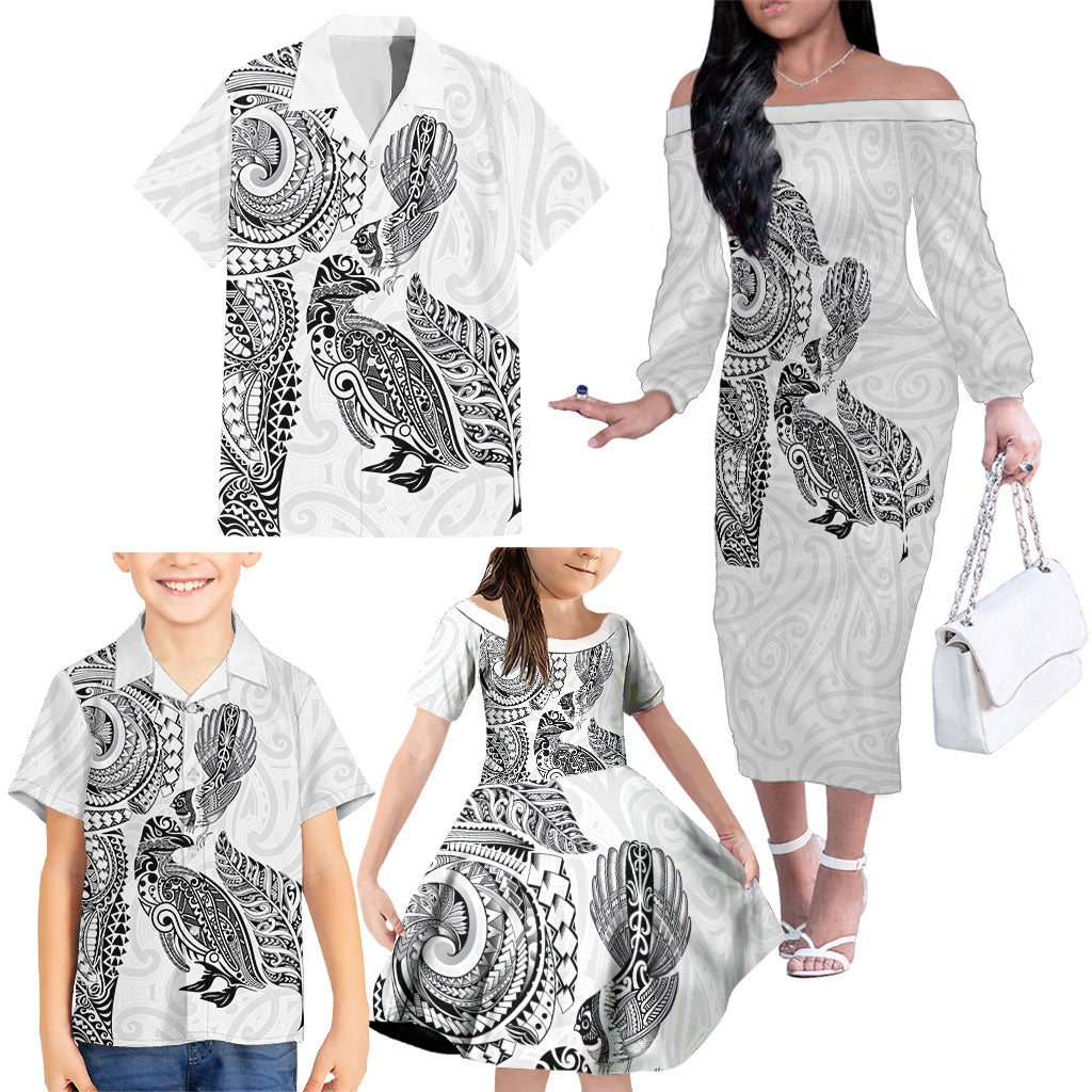 Aotearoa Moko Tribal Tattoo Family Matching Off The Shoulder Long Sleeve Dress and Hawaiian Shirt New Zealand Maori Penguin and Fantail White Color LT03 - Polynesian Pride