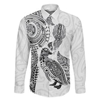 Aotearoa Moko Tribal Tattoo Family Matching Off The Shoulder Long Sleeve Dress and Hawaiian Shirt New Zealand Maori Penguin and Fantail White Color LT03 Dad's Shirt - Long Sleeve White - Polynesian Pride