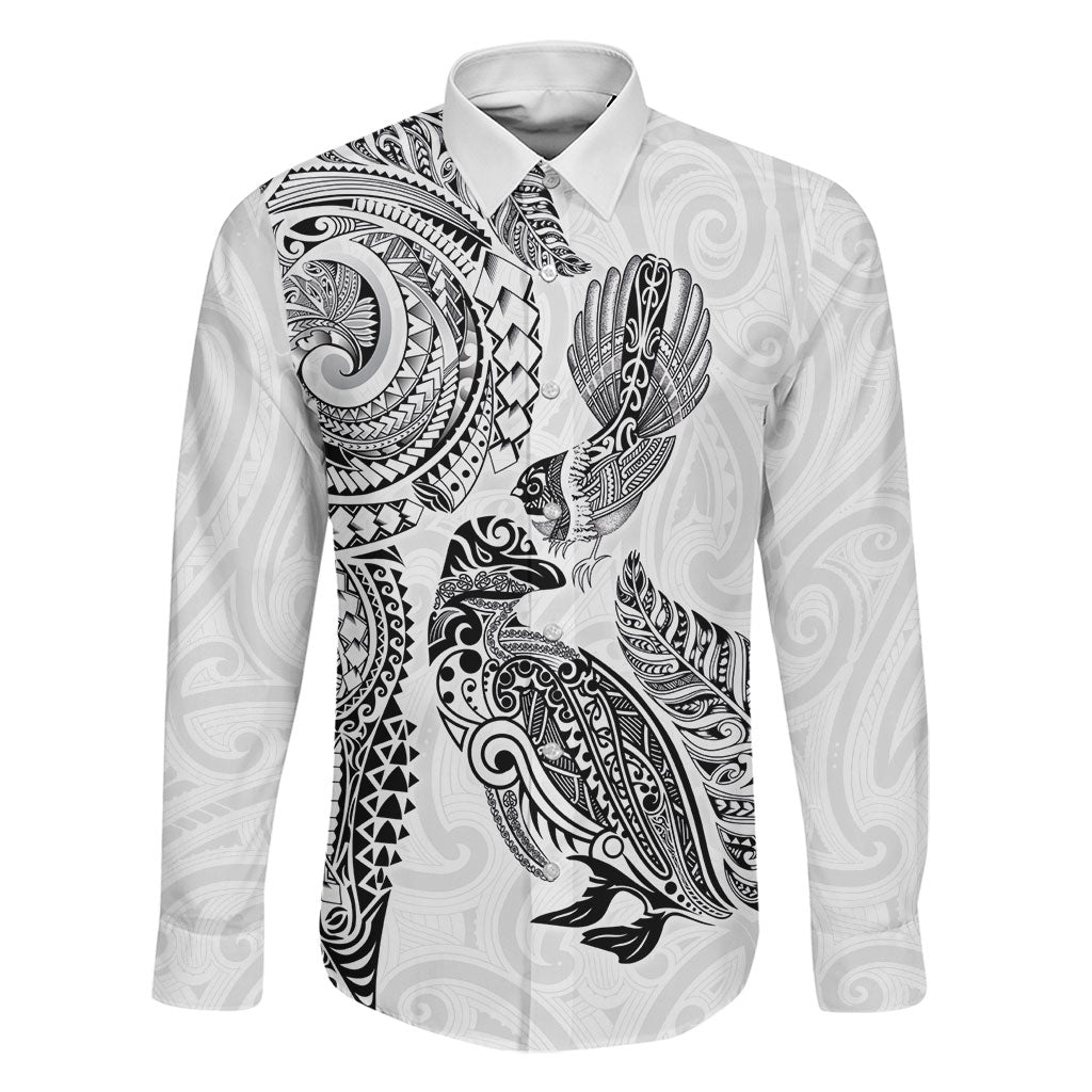 Aotearoa Moko Tribal Tattoo Family Matching Off Shoulder Short Dress and Hawaiian Shirt New Zealand Maori Penguin and Fantail White Color LT03 Dad's Shirt - Long Sleeve White - Polynesian Pride