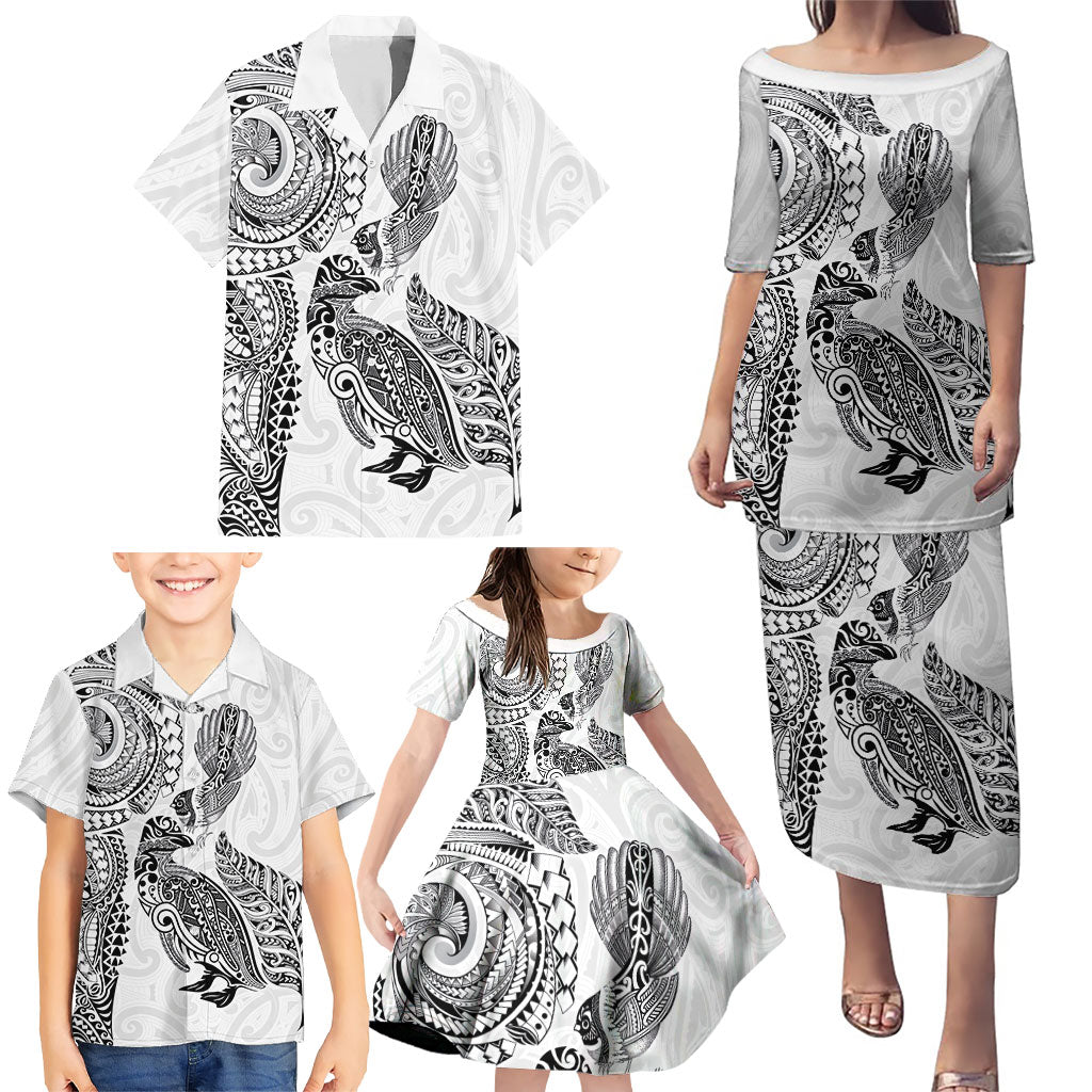 Aotearoa Moko Tribal Tattoo Family Matching Puletasi and Hawaiian Shirt New Zealand Maori Penguin and Fantail White Color