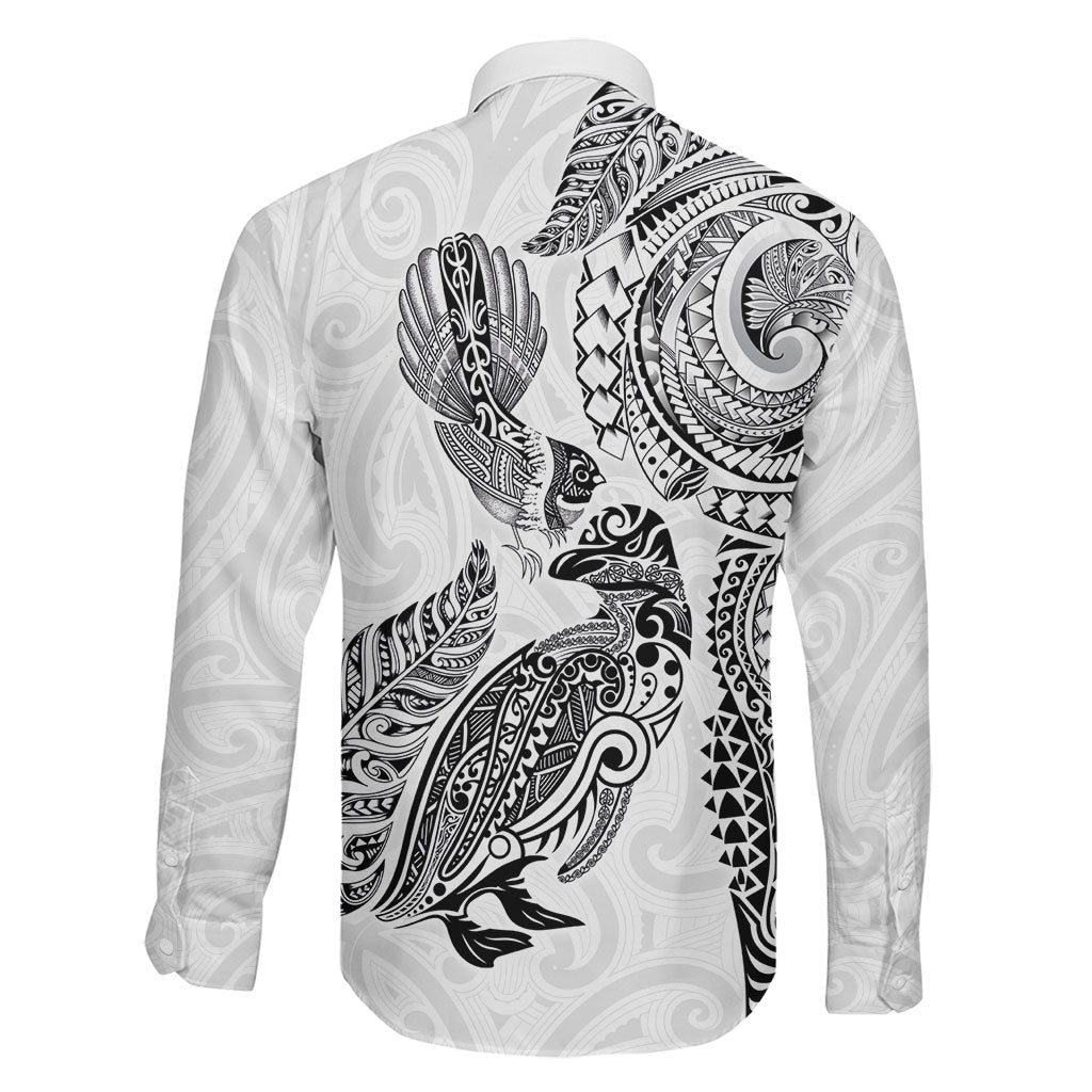Aotearoa Moko Tribal Tattoo Family Matching Short Sleeve Bodycon Dress and Hawaiian Shirt New Zealand Maori Penguin and Fantail White Color LT03 - Polynesian Pride