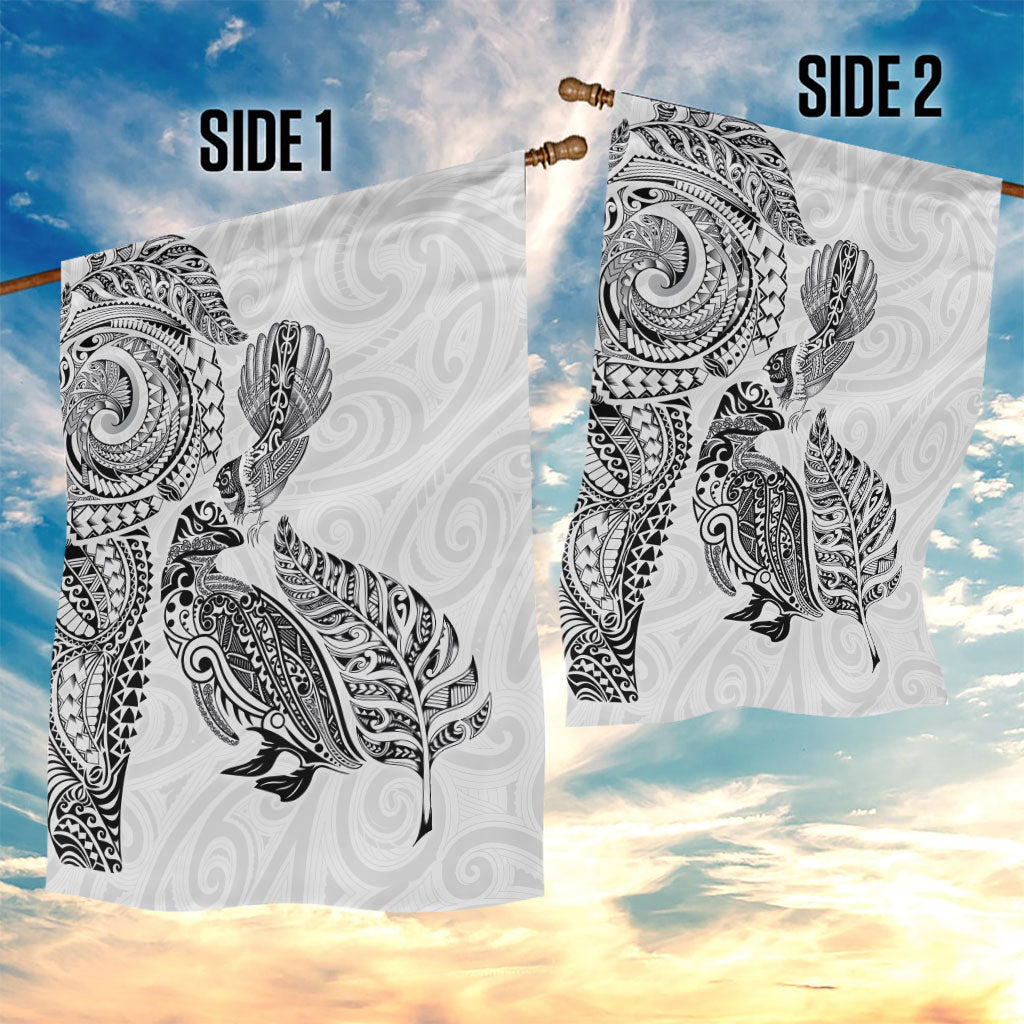Aotearoa Moko Tribal Tattoo Garden Flag New Zealand Maori Penguin and Fantail White Color LT03 - Polynesian Pride