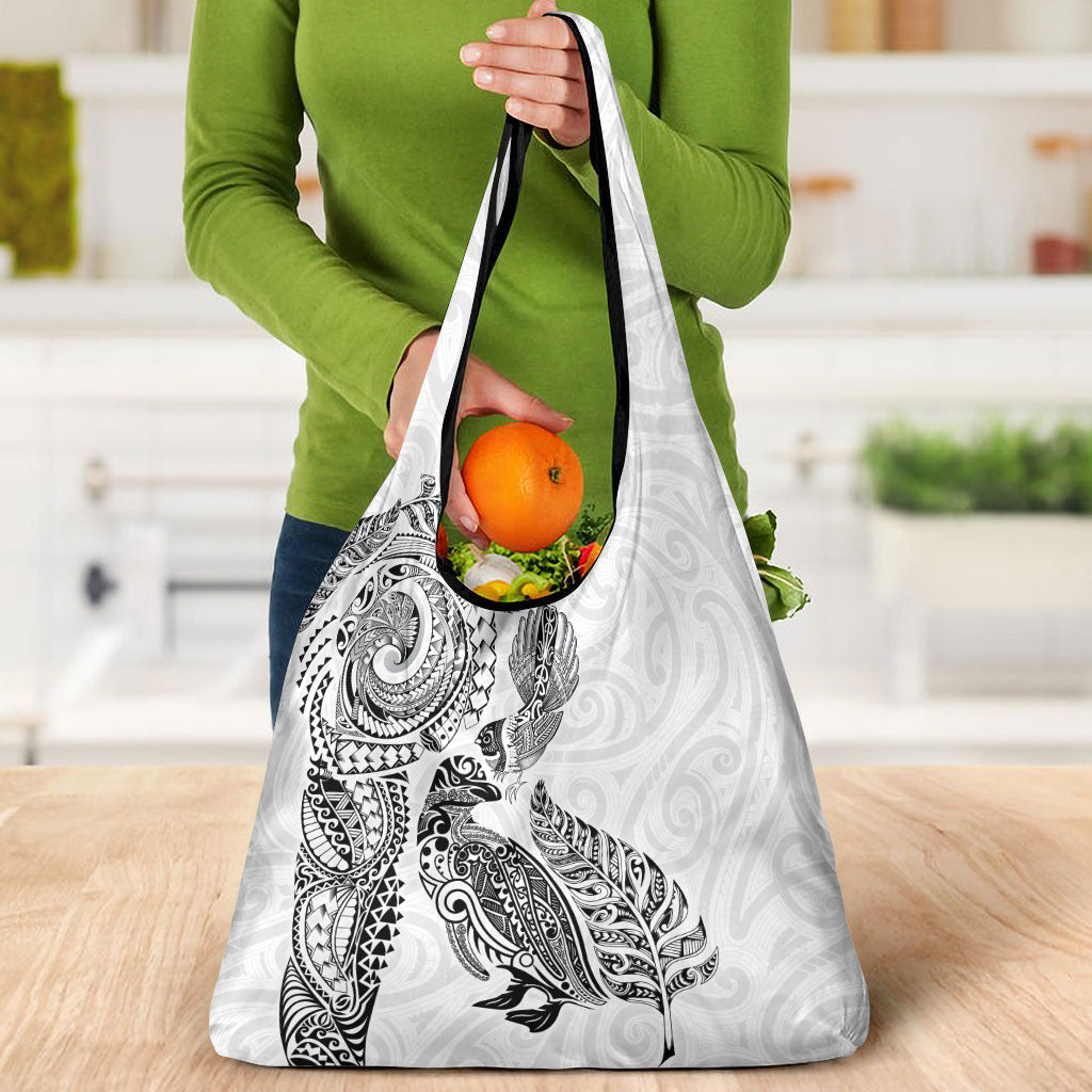 Aotearoa Moko Tribal Tattoo Grocery Bag New Zealand Maori Penguin and Fantail White Color LT03 - Polynesian Pride