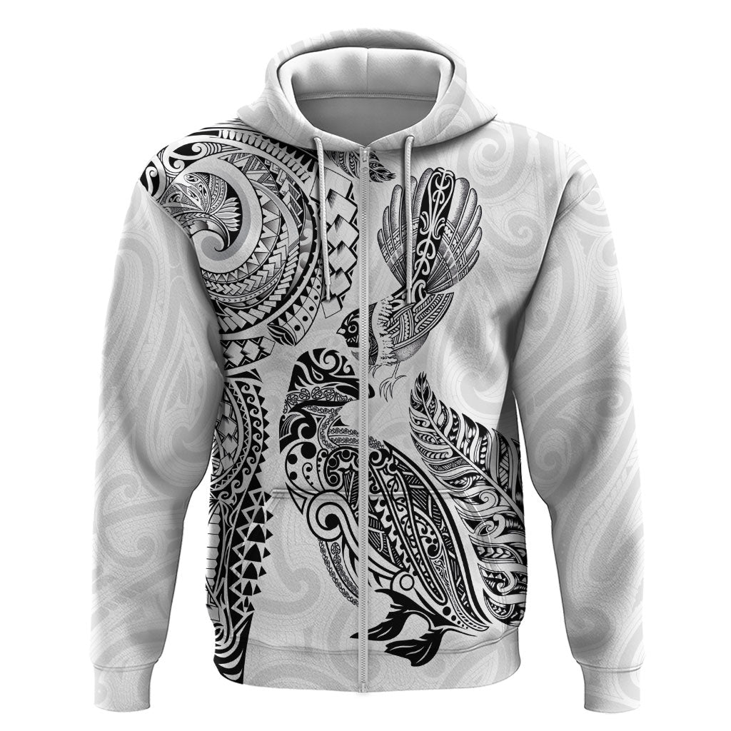 Aotearoa Moko Tribal Tattoo Hoodie New Zealand Maori Penguin and Fantail White Color LT03 Zip Hoodie White - Polynesian Pride