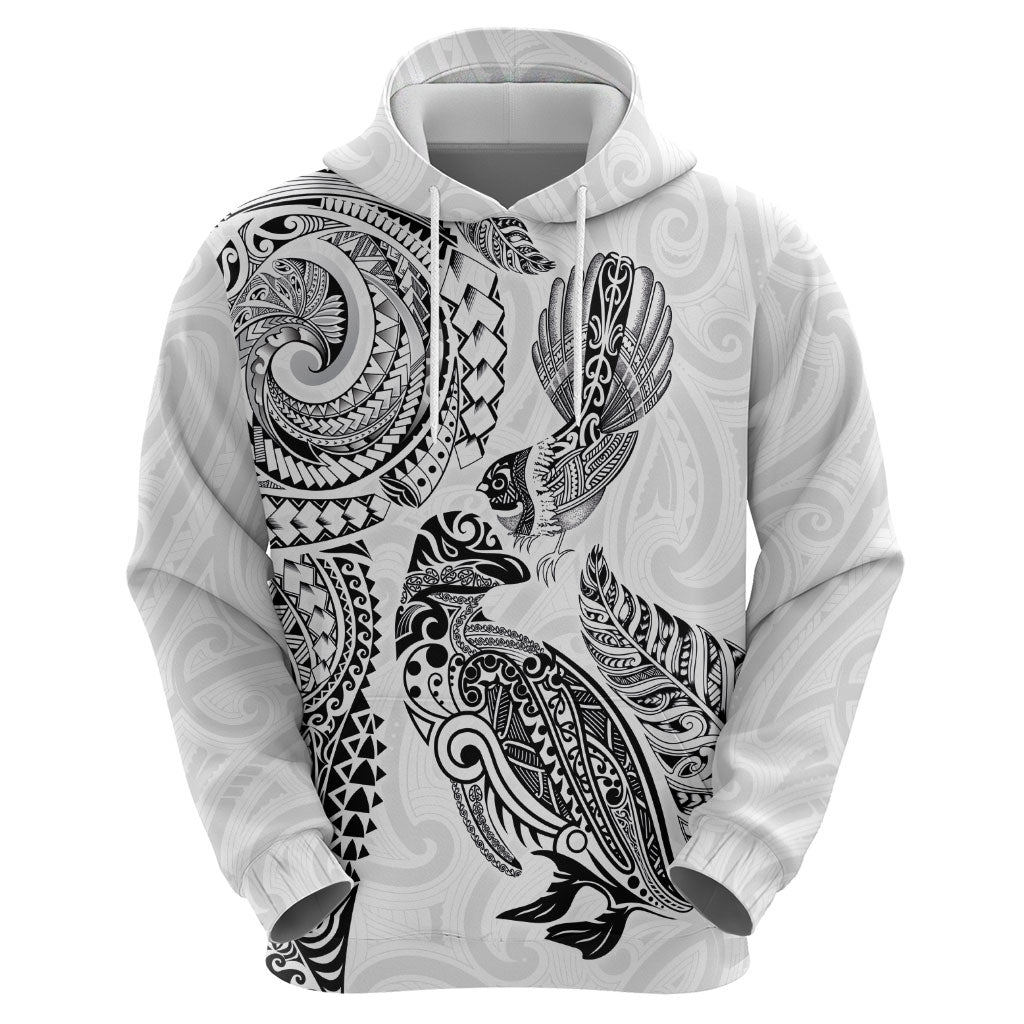 Aotearoa Moko Tribal Tattoo Hoodie New Zealand Maori Penguin and Fantail White Color LT03 - Polynesian Pride