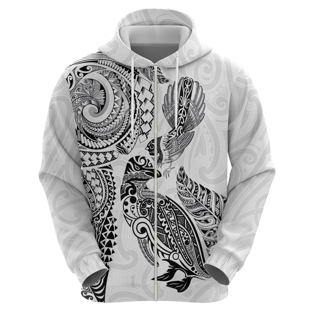 Aotearoa Moko Tribal Tattoo Hoodie New Zealand Maori Penguin and Fantail White Color LT03 - Polynesian Pride
