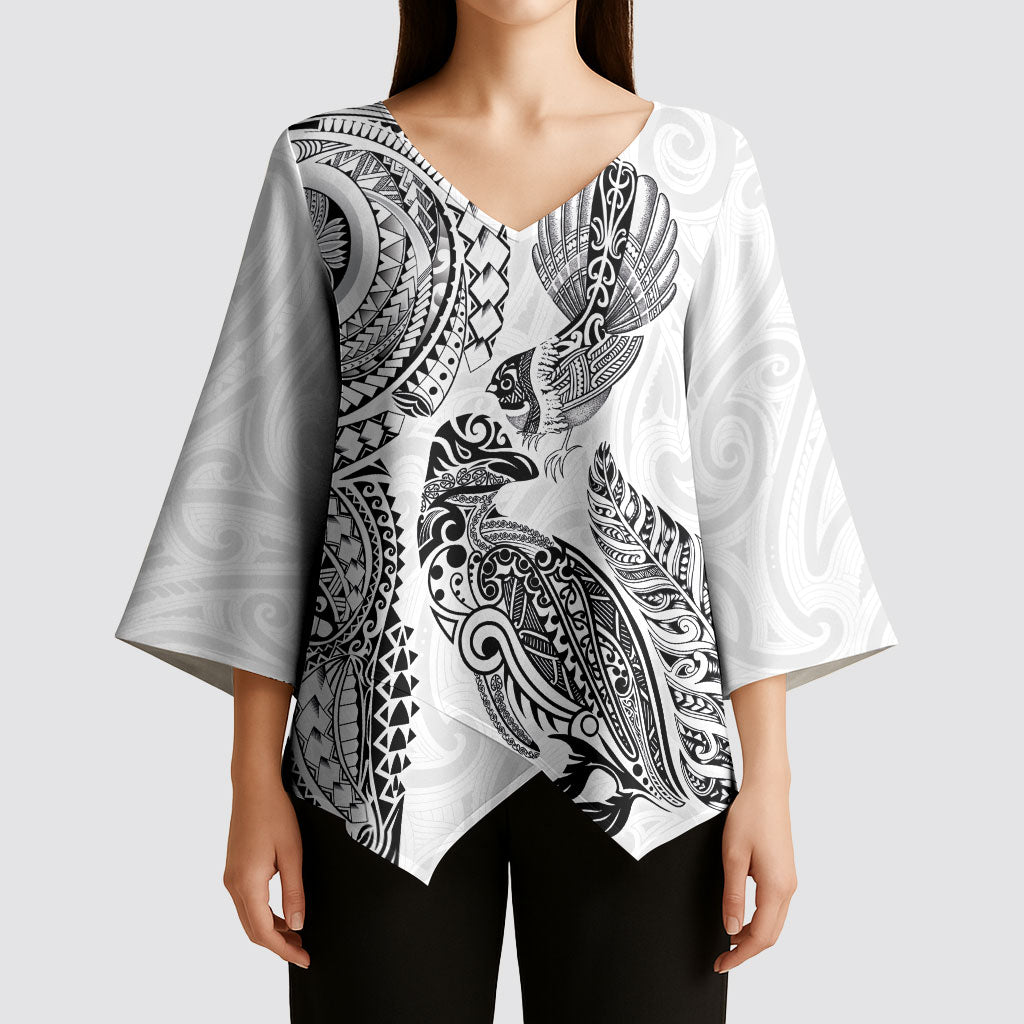 Aotearoa Moko Tribal Tattoo Kimono Sleeve Blouse New Zealand Maori Penguin and Fantail White Color LT03 - Polynesian Pride