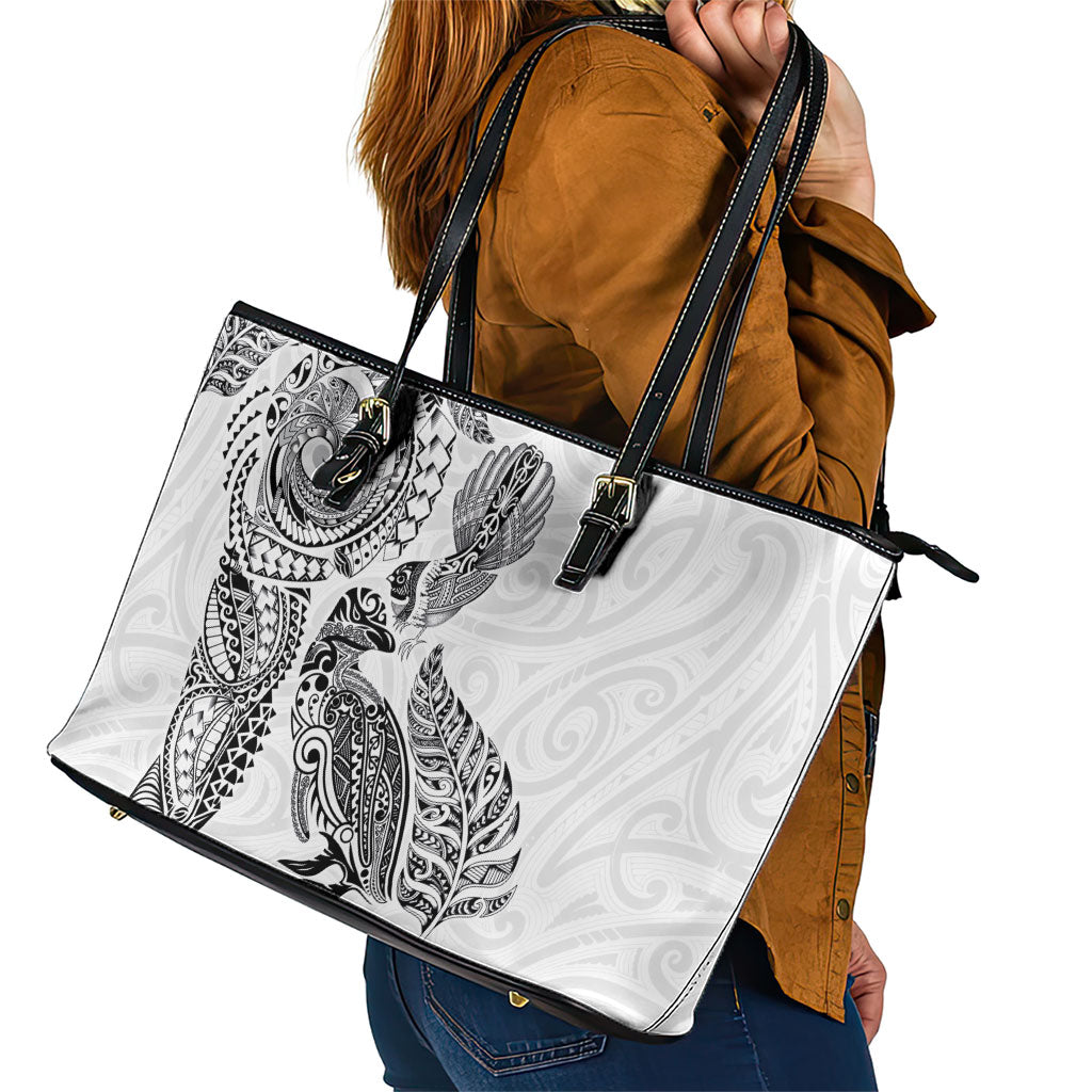 Aotearoa Moko Tribal Tattoo Leather Tote Bag New Zealand Maori Penguin and Fantail White Color LT03 - Polynesian Pride