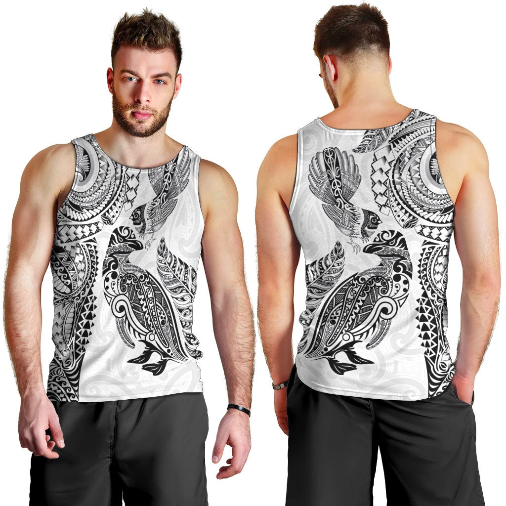 Aotearoa Moko Tribal Tattoo Men Tank Top New Zealand Maori Penguin and Fantail White Color LT03 - Polynesian Pride