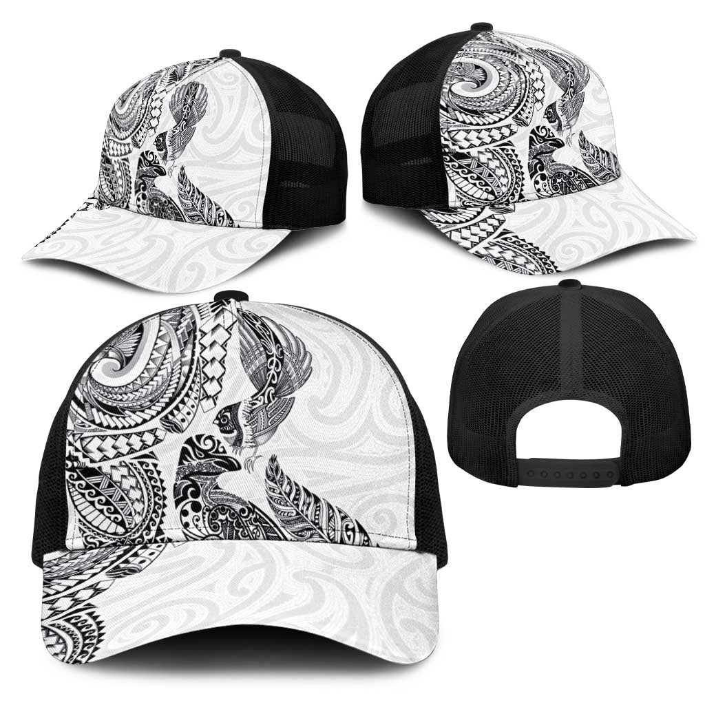 Aotearoa Moko Tribal Tattoo Mesh Trucker Cap New Zealand Maori Penguin and Fantail White Color