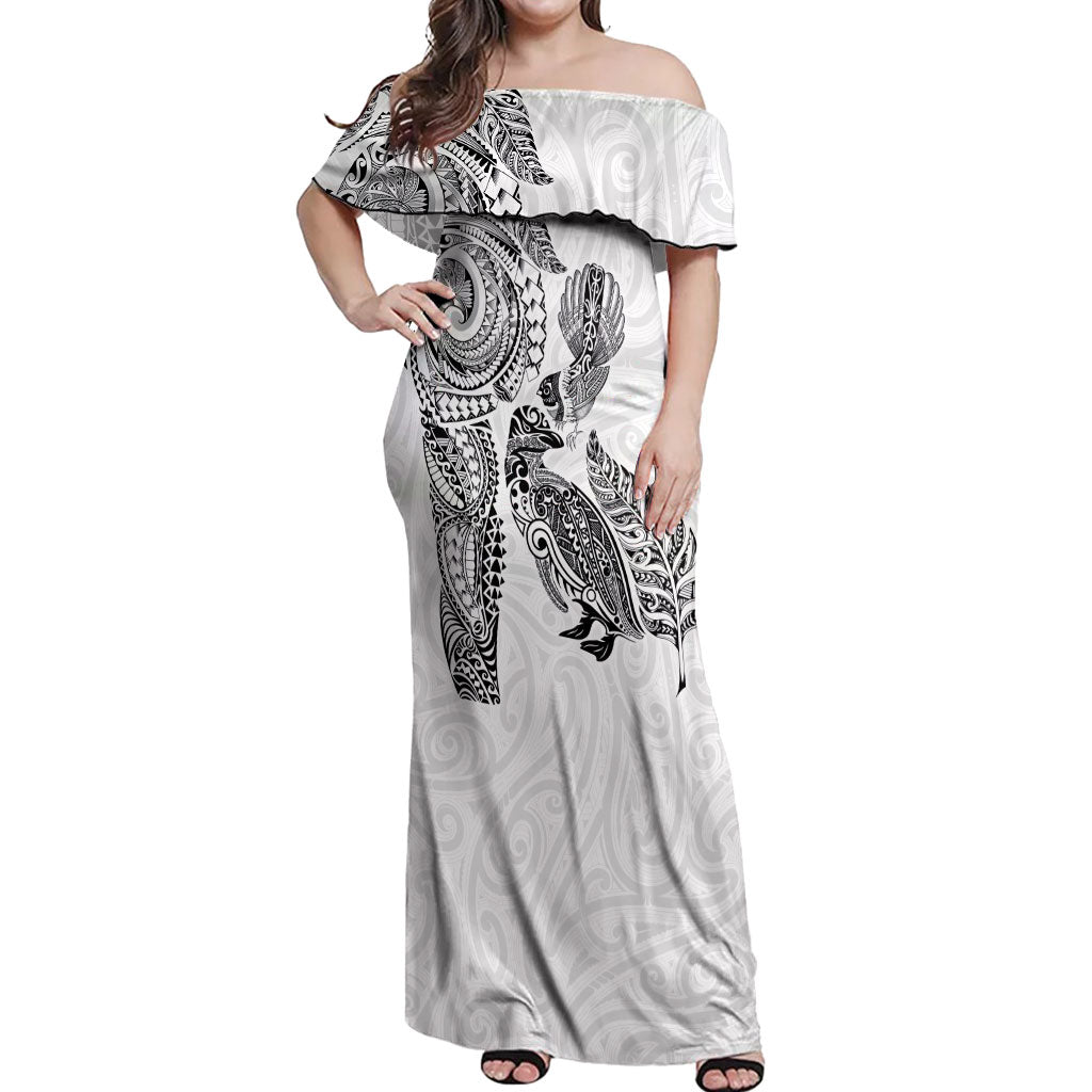 Aotearoa Moko Tribal Tattoo Off Shoulder Maxi Dress New Zealand Maori Penguin and Fantail White Color