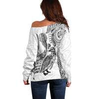Aotearoa Moko Tribal Tattoo Off Shoulder Sweater New Zealand Maori Penguin and Fantail White Color