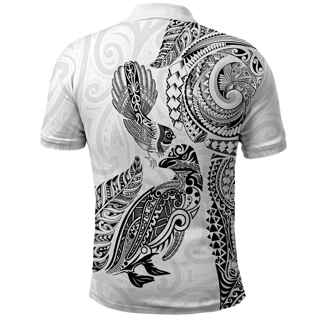 Aotearoa Moko Tribal Tattoo Polo Shirt New Zealand Maori Penguin and Fantail White Color LT03 - Polynesian Pride
