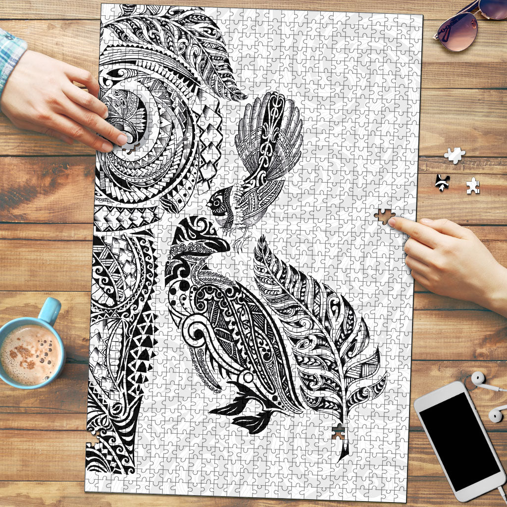 Aotearoa Moko Tribal Tattoo Puzzle New Zealand Maori Penguin and Fantail White Color