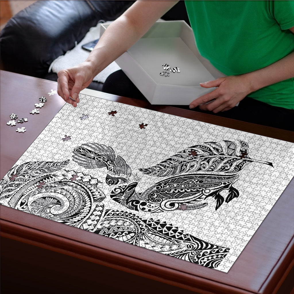 Aotearoa Moko Tribal Tattoo Puzzle New Zealand Maori Penguin and Fantail White Color