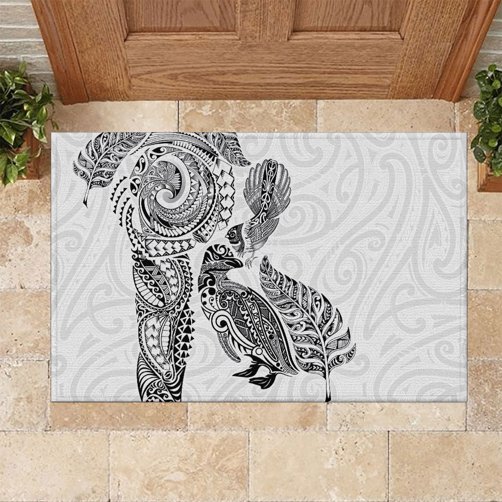 Aotearoa Moko Tribal Tattoo Rubber Doormat New Zealand Maori Penguin and Fantail White Color