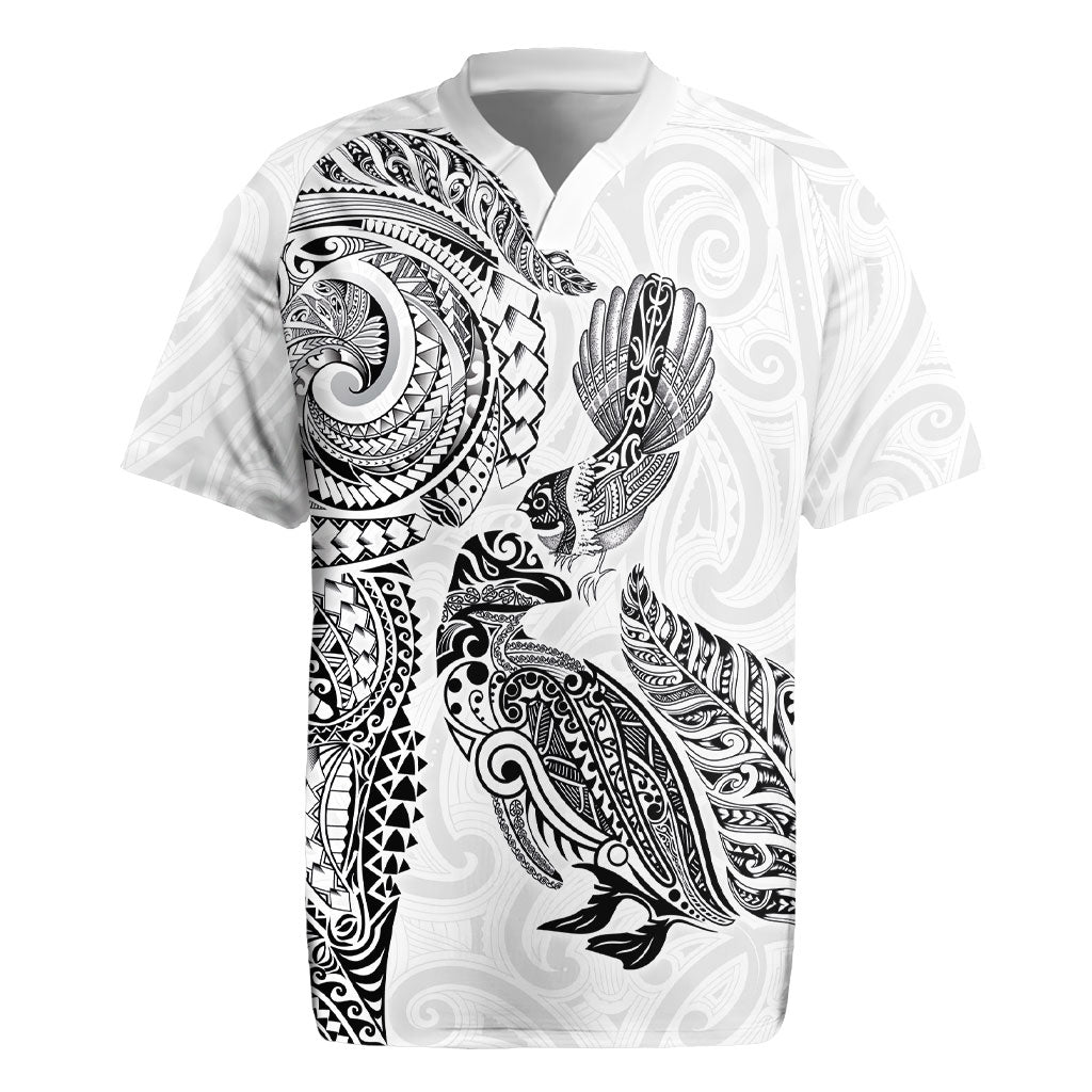 Aotearoa Moko Tribal Tattoo Rugby Jersey New Zealand Maori Penguin and Fantail White Color LT03 White - Polynesian Pride